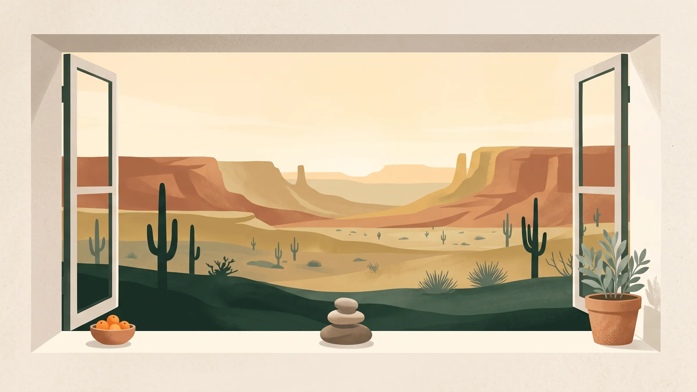 Illustration of a window over the desert with three objects on the sill: body, mind and lifestyle
