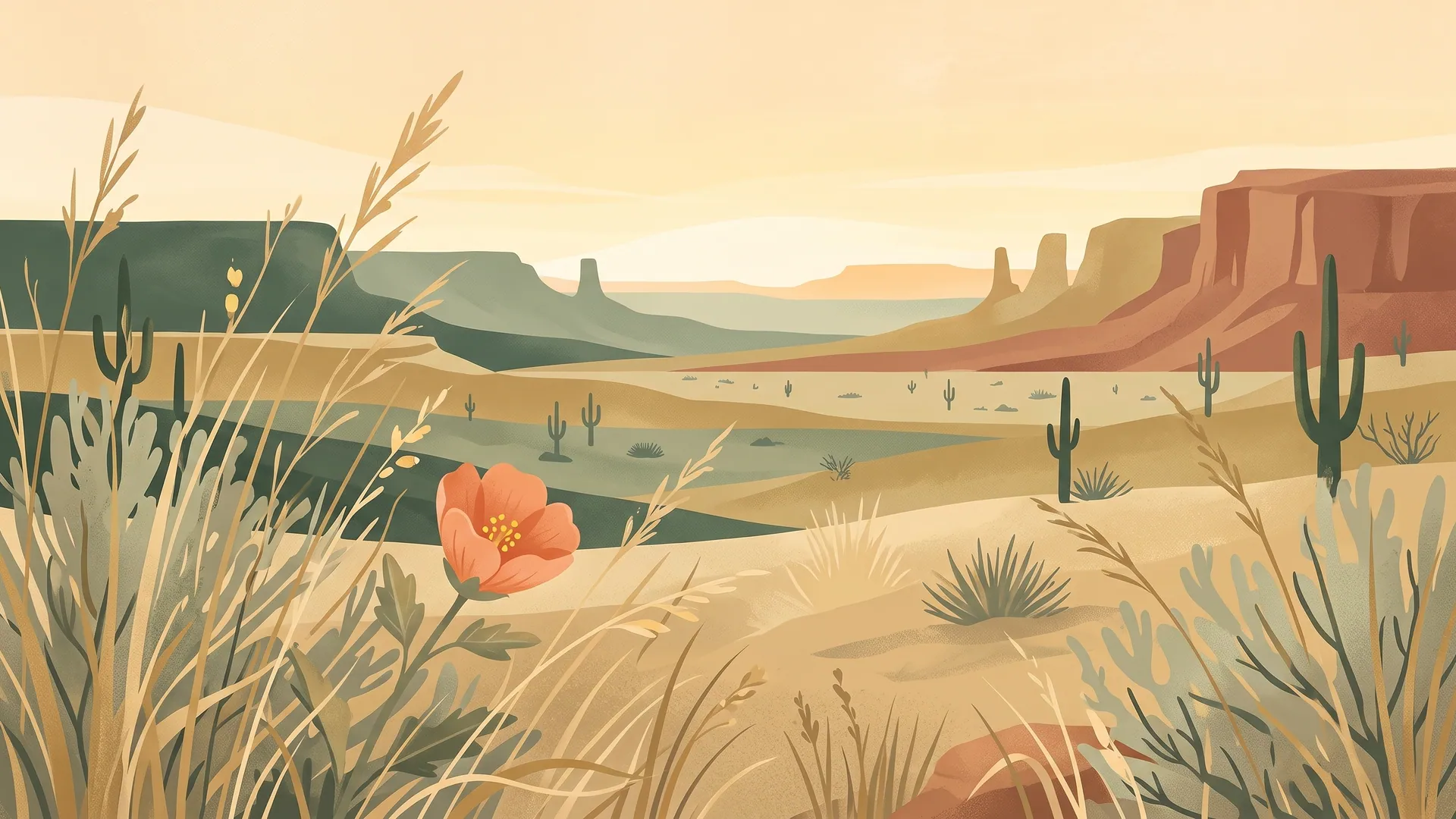 Illustration of a single orange globe mallow flower opening late in the season among dry golden grasses, with red mesas in the distance