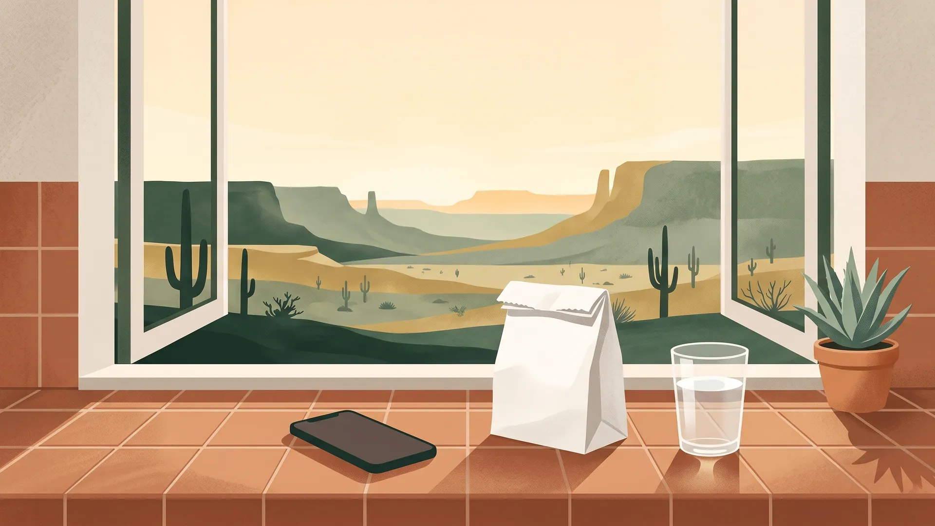 Illustration of a terracotta-tiled kitchen counter in morning light with a phone lying face down, a folded white pharmacy bag, a glass of water and a potted agave