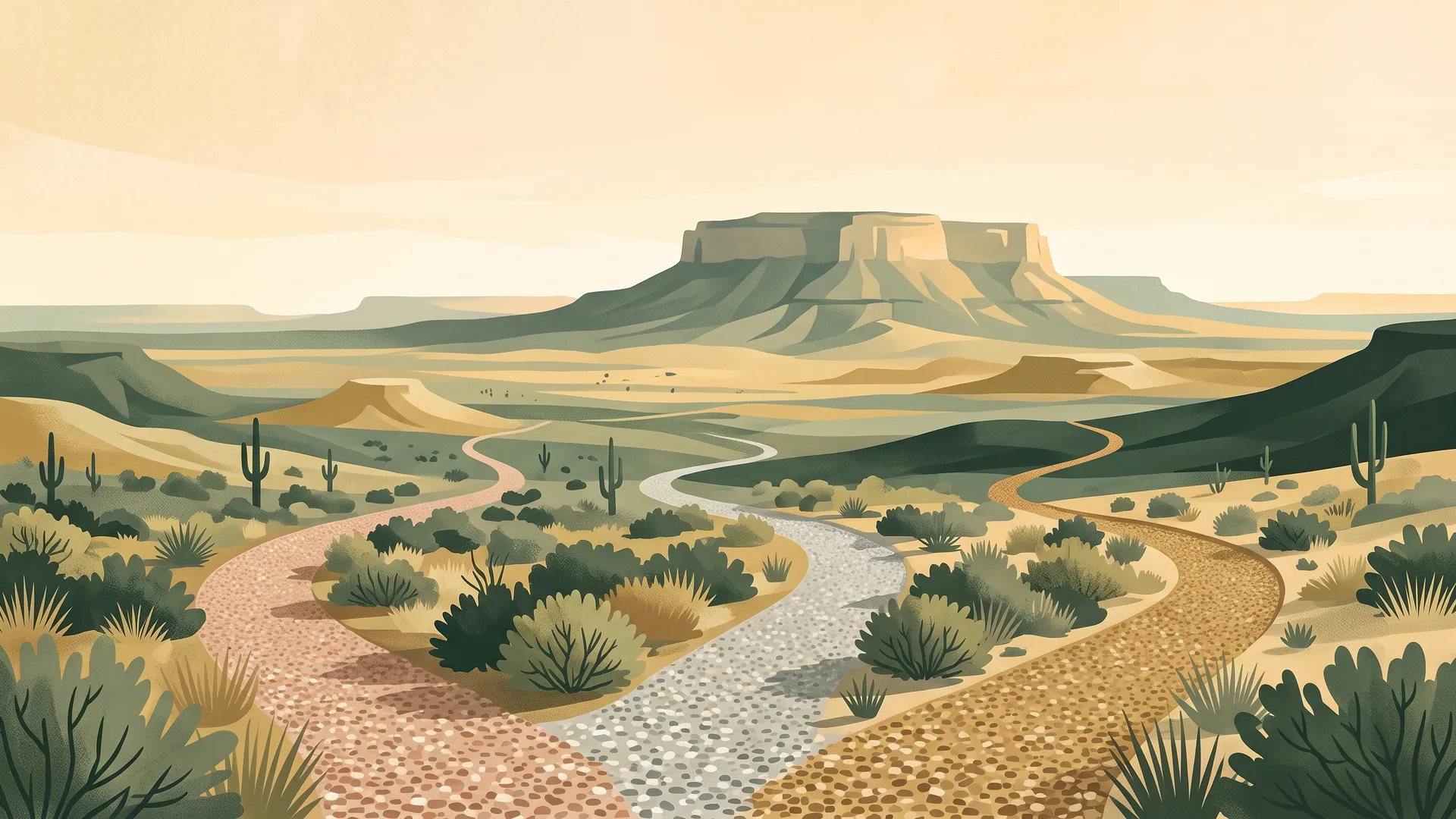 Illustration of three gravel paths in different colors of stone winding through desert scrub toward the same flat-topped mesa