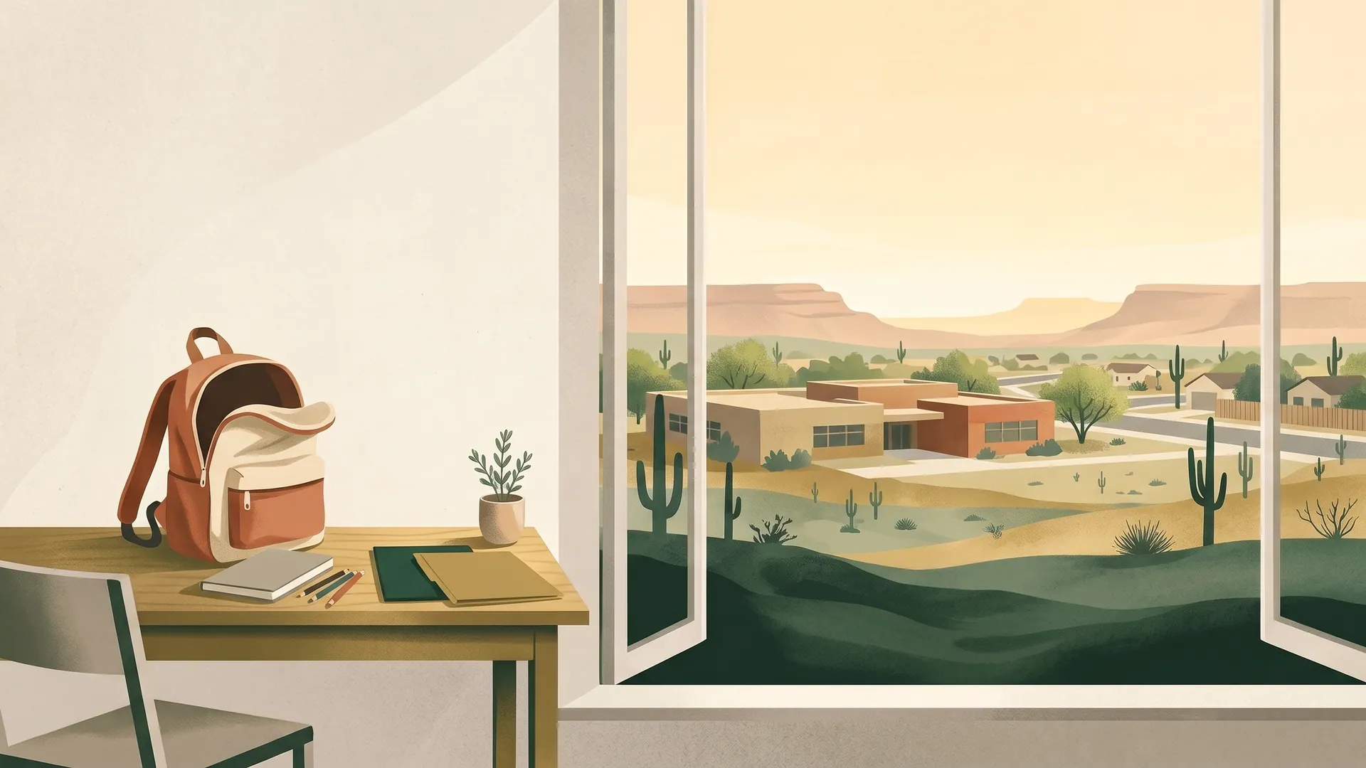Illustration of a child's open terracotta backpack, a notebook, colored pencils and two folders on a sunlit table by an open window looking out on a low Arizona school building, saguaros and mesas