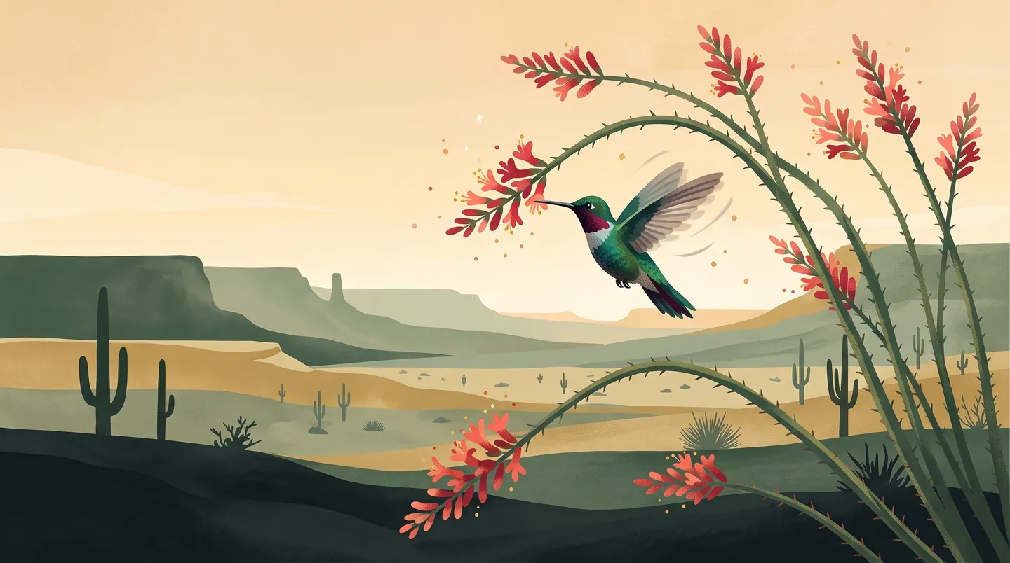 Illustration of a hummingbird hovering beside red ocotillo blossoms at dusk over the Arizona desert