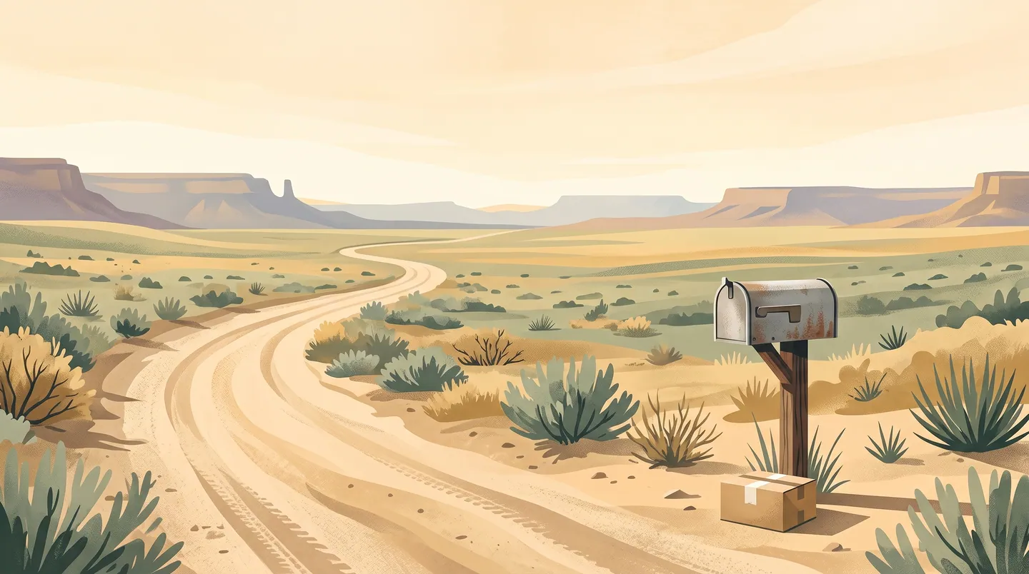 Illustration of a dirt road across open Arizona grassland leading to a single mailbox with a small parcel beside it