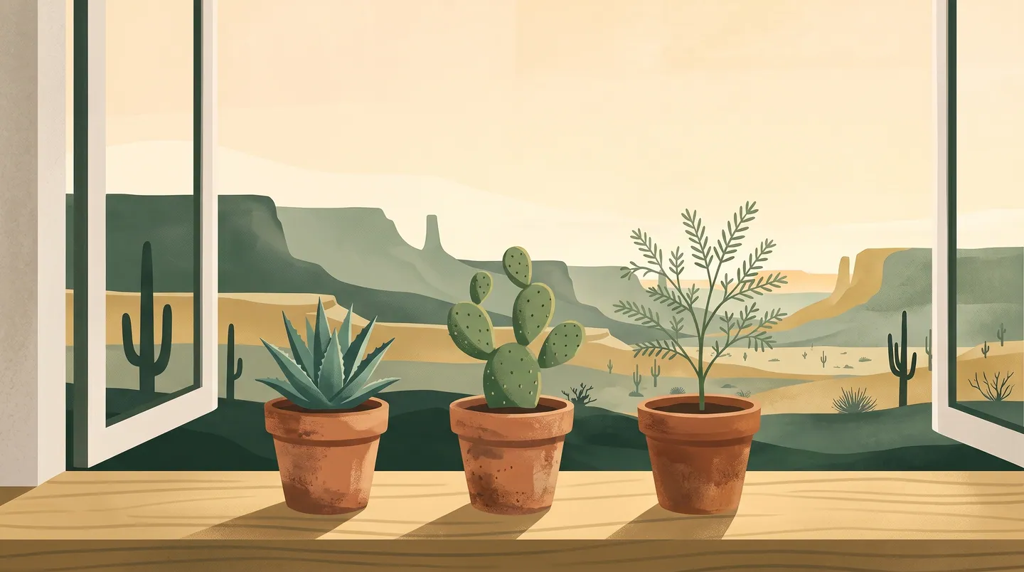 Illustration of an agave, a prickly pear and a young palo verde in terracotta pots on a sunny windowsill above the desert