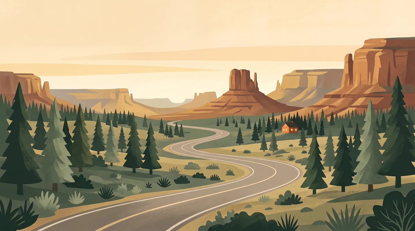 Illustration of a winding two-lane road through ponderosa pines and red rock buttes in northern Arizona at dusk, with one lit house in the distance