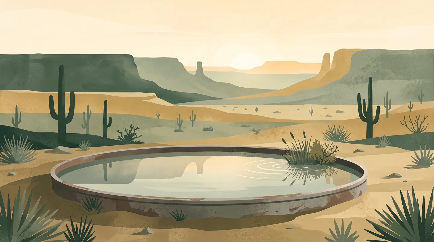 Illustration of a round desert stock tank at sunrise, its last ripples settling into still water that reflects the mesas