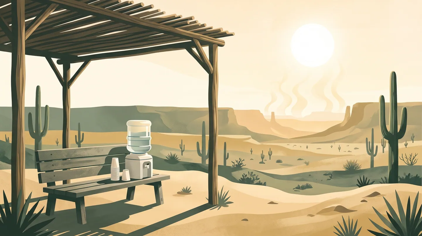 Illustration of a shaded ramada with a water cooler jug and paper cups on a bench, saguaros beyond in shimmering midday heat
