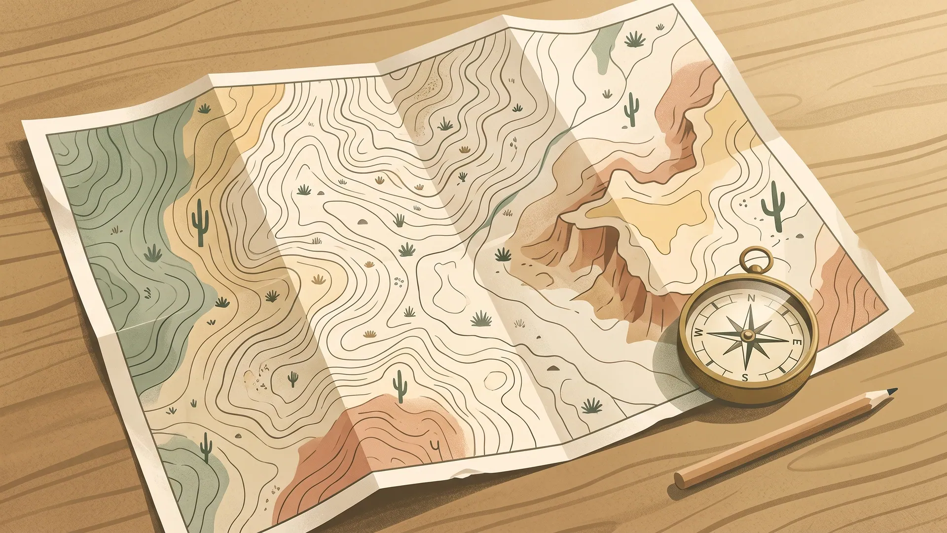 Illustration of an unfolded paper map of desert terrain with contour lines, a brass compass and a pencil on a wooden table