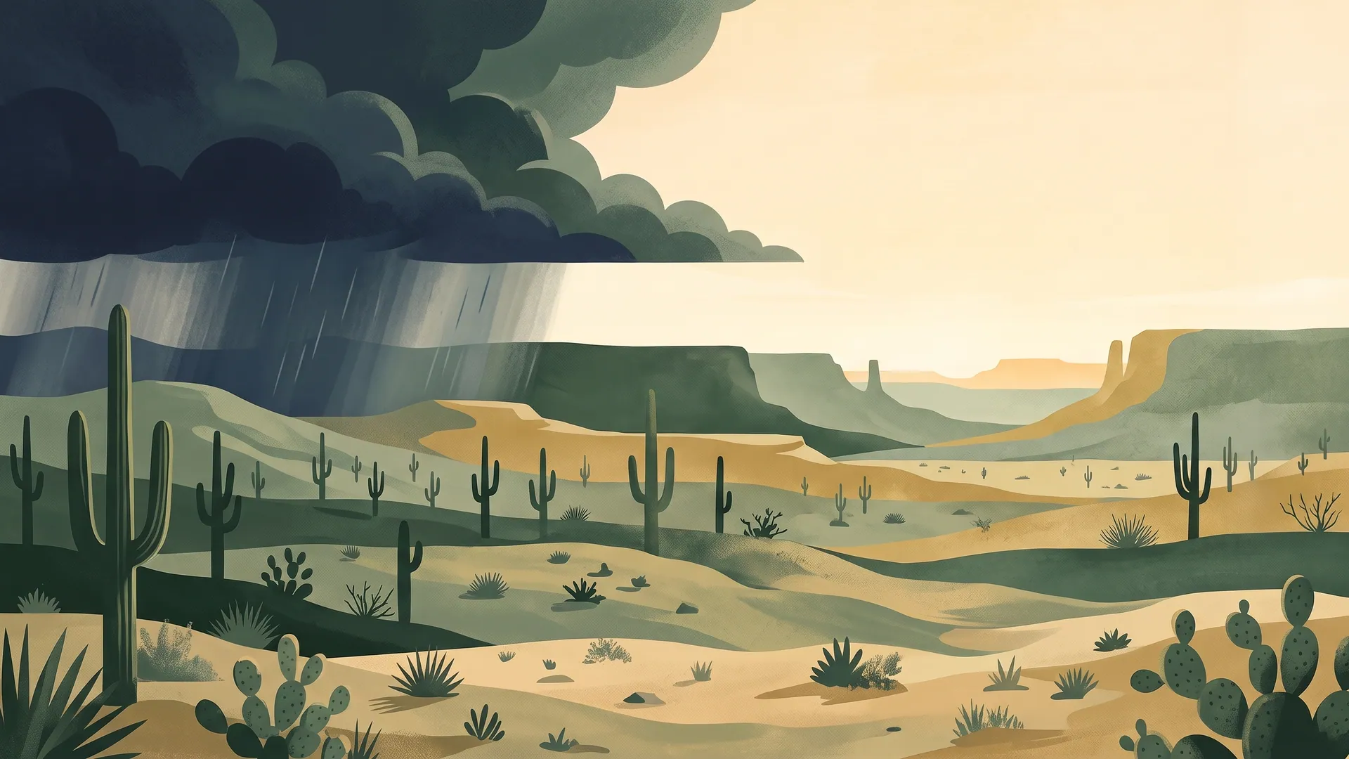 Illustration of a dark monsoon storm moving off across the Sonoran desert, with saguaros below and clear, calm light opening on the right