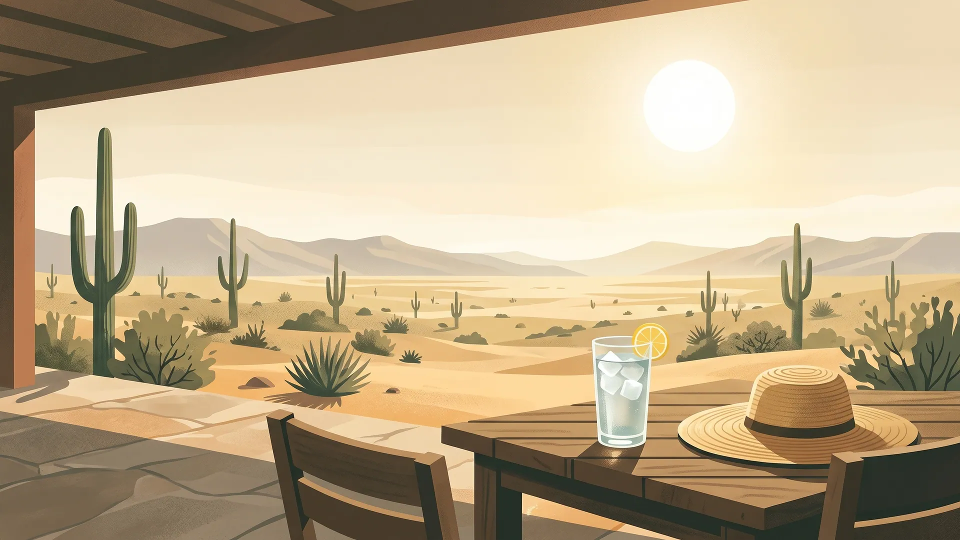 Illustration of a shaded patio table with a glass of ice water and a wide-brimmed sun hat, facing saguaros under a blazing white midday sun