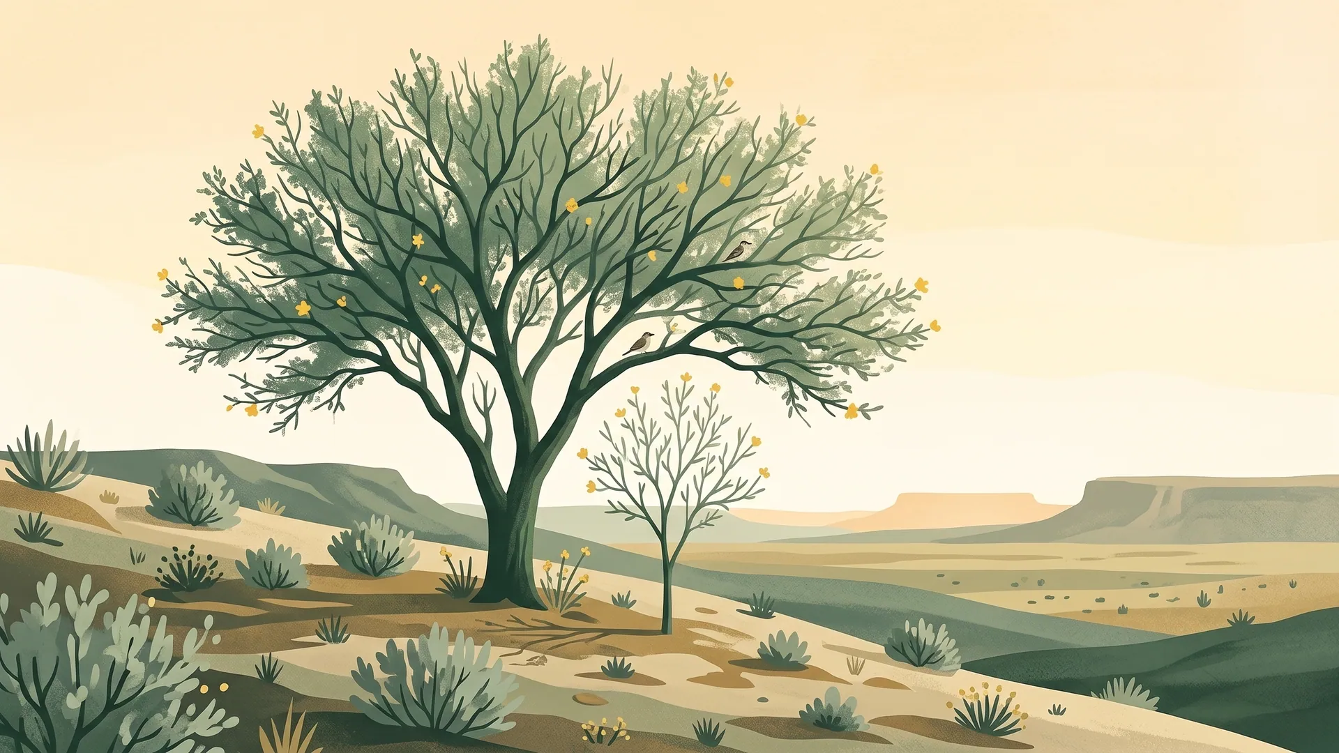 Illustration of a young palo verde sapling growing beside a tall mature palo verde tree on a desert hillside