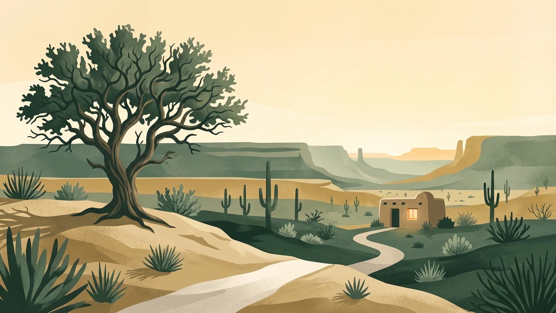 Illustration of a sturdy ironwood tree on a ridge at dawn, with a path leading across the valley to a small adobe building with a warmly lit window