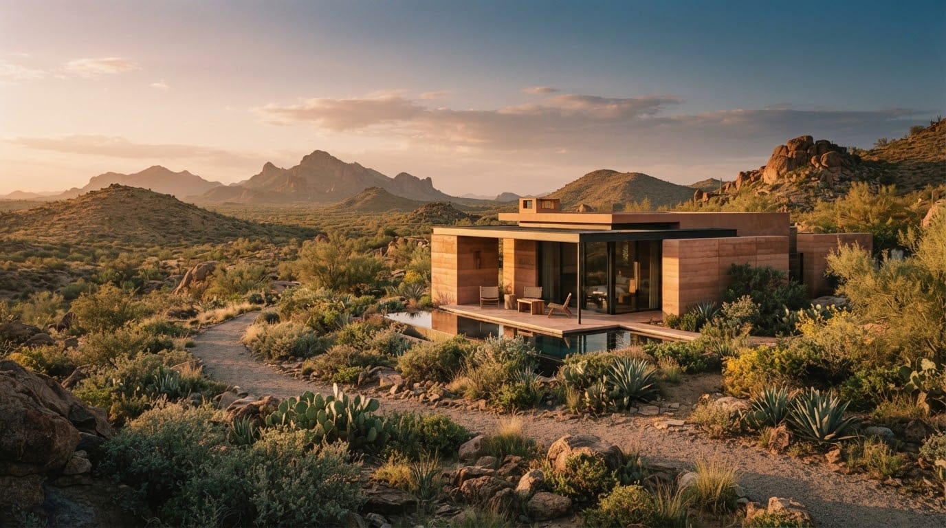 A serene Arizona desert landscape at golden hour with a quiet, earth-toned pavilion in the distance