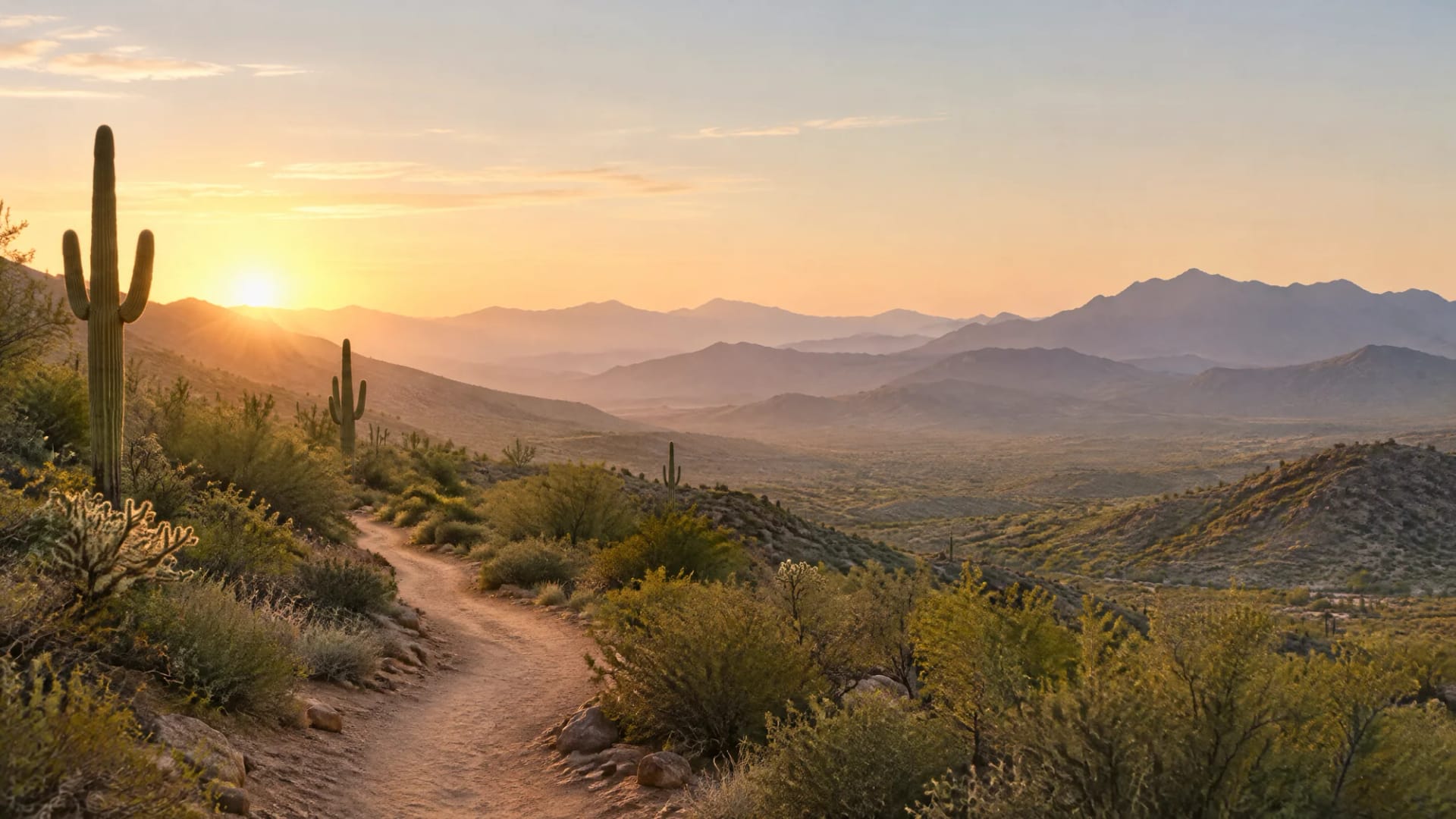 An Arizona desert trail at sunrise, with saguaro cacti and layered mountain ridges