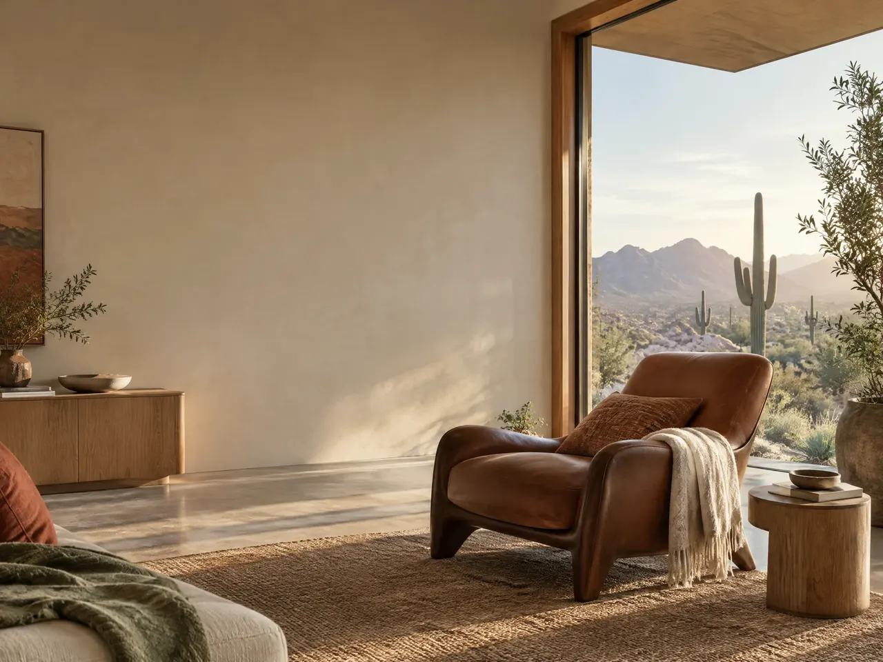 A quiet lounge with a leather armchair beside a picture window that opens onto the Arizona desert